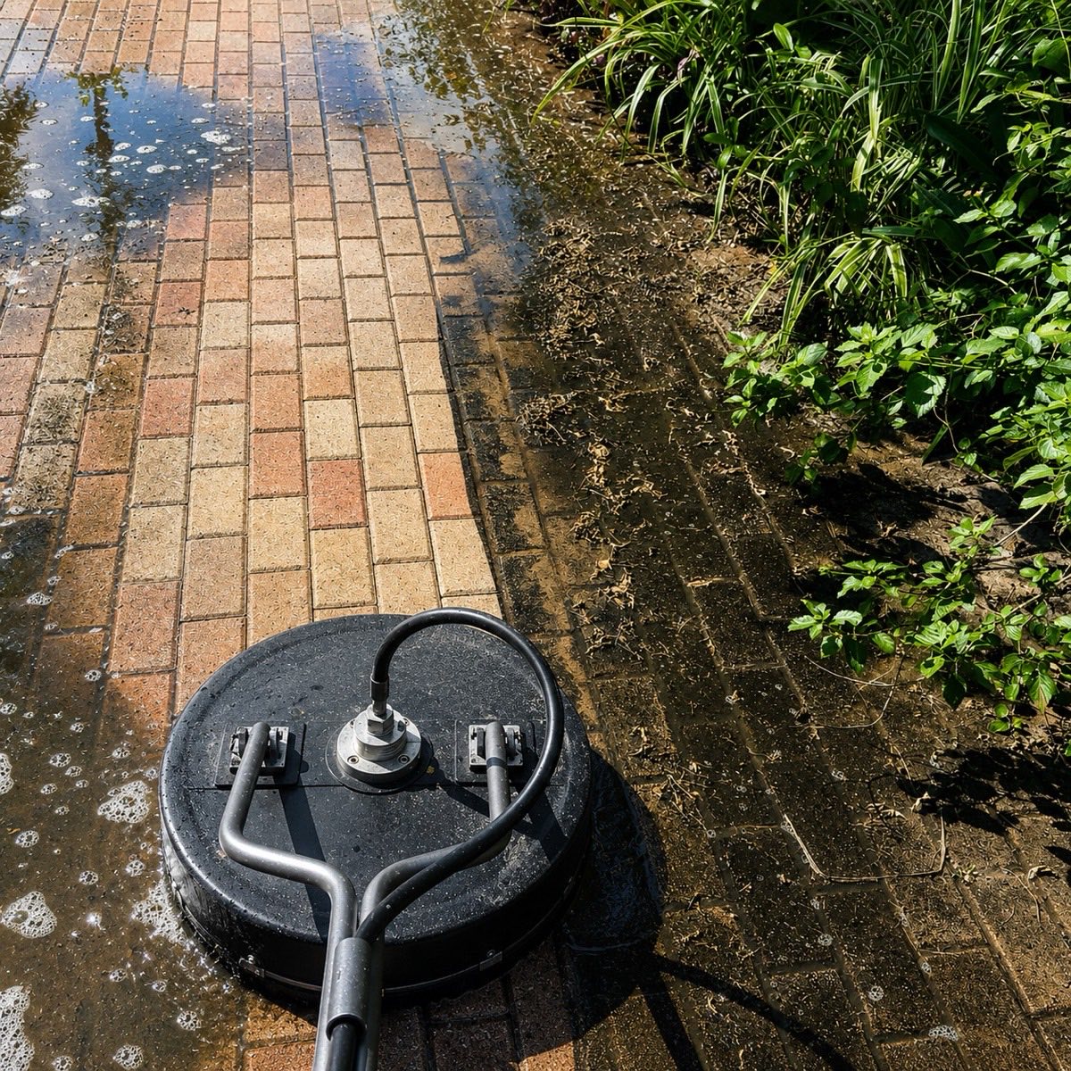 Surface cleaner restoring a brick walkway beside a planted border